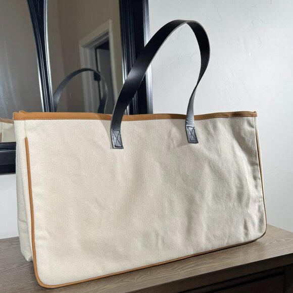 Weekend Vibes Canvas Tote Bag - Large Cream & Black Leather Handle Weekender - Picture 2 of 11
